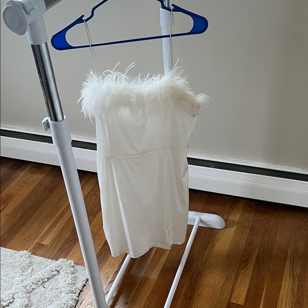 White Strapless Dress with Feather Trim